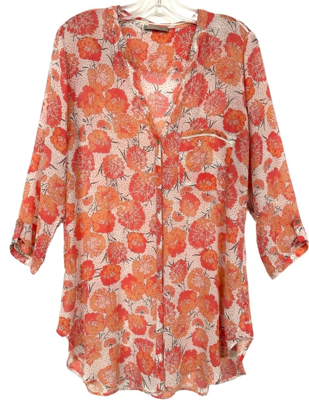 Nile Floral Viscose Tunic Top Womens Medium 3/4 Sleeve Rounded Hem Flowy Boho